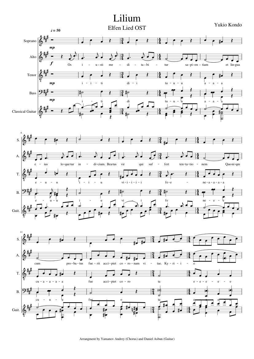 Elfen Lied OST - Lilium (SATB+Guitar) Sheet music for Soprano, Tenor, Bass  voice, Mezzo soprano & more instruments (Mixed Quintet) | Musescore.com