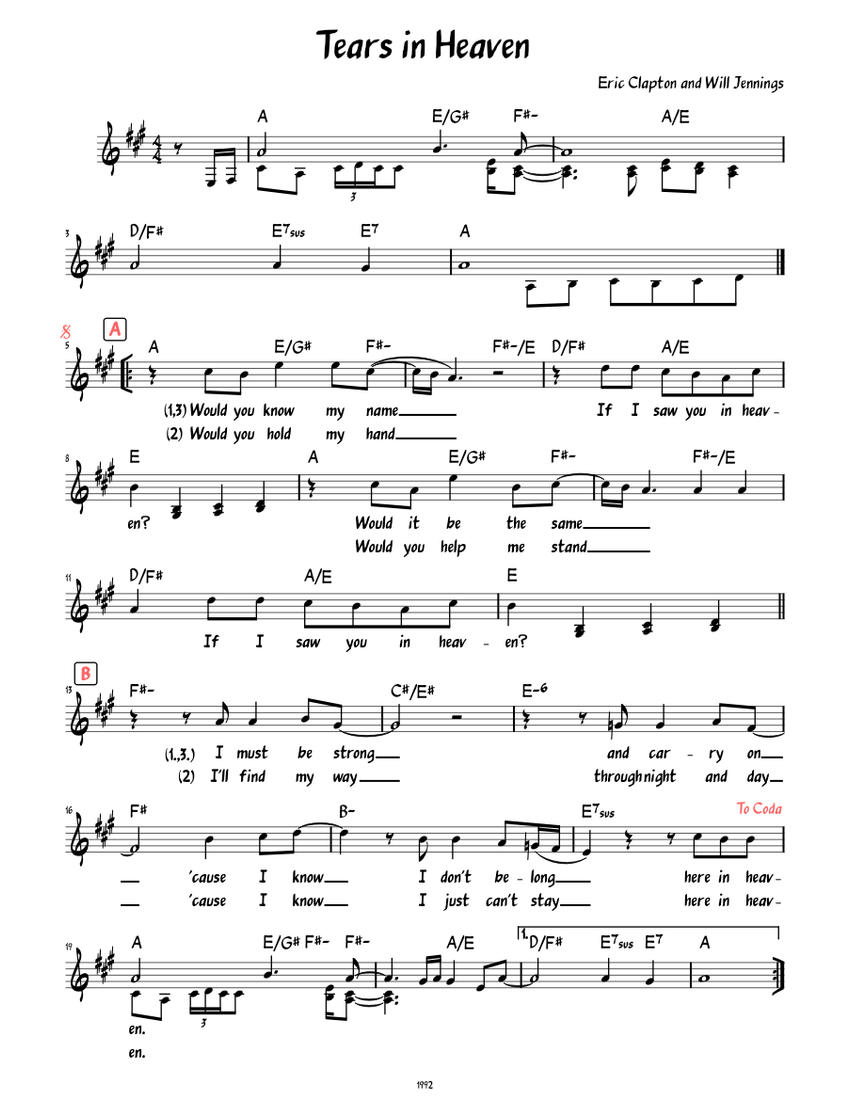 Tears in Heaven (Lead sheet with lyrics ) Sheet music for Piano (Solo) |  Musescore.com
