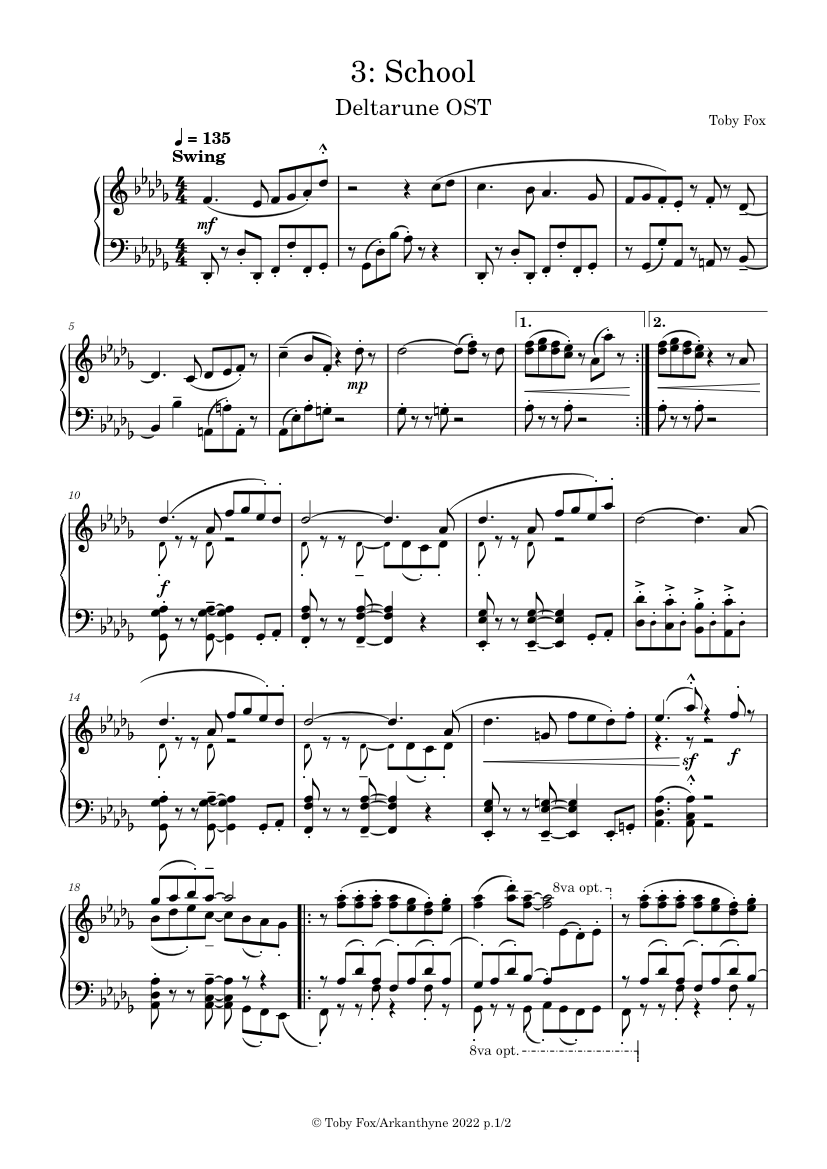 Deltarune Chapter 1 OST: 03 - School (for Solo Piano) Sheet music for Piano  (Solo) | Musescore.com