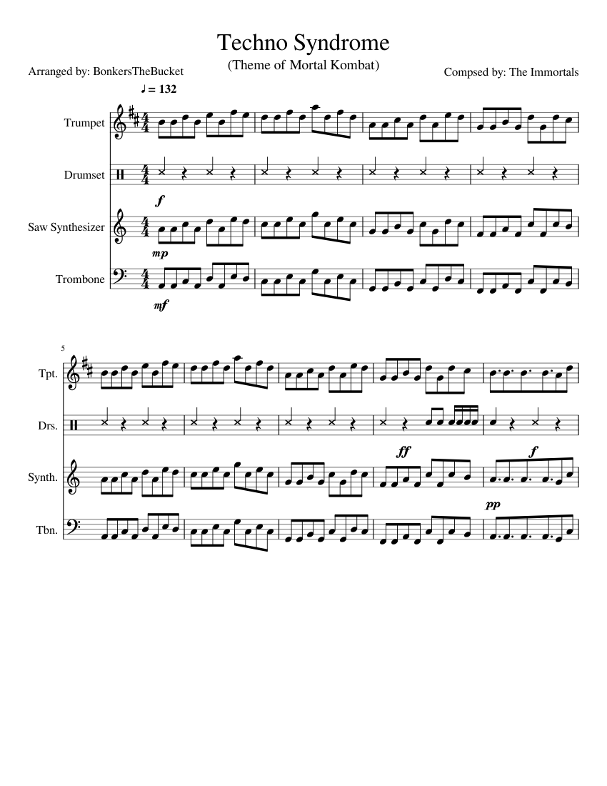 Techno Syndrome / Mortal Kombat Sheet music for Trombone, Drum group,  Synthesizer, Trumpet other (Mixed Quartet) | Musescore.com