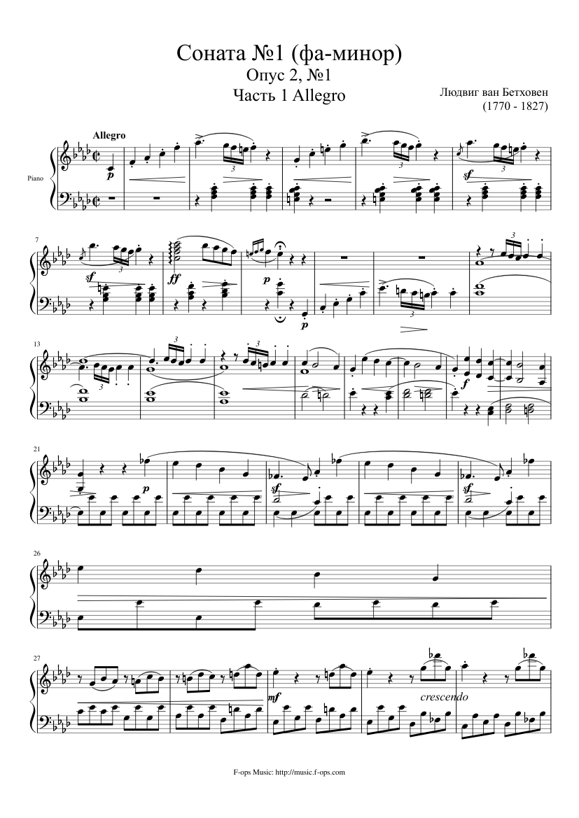 Бетховен. Соната 1. Часть 1 Sheet Music for Piano (Solo