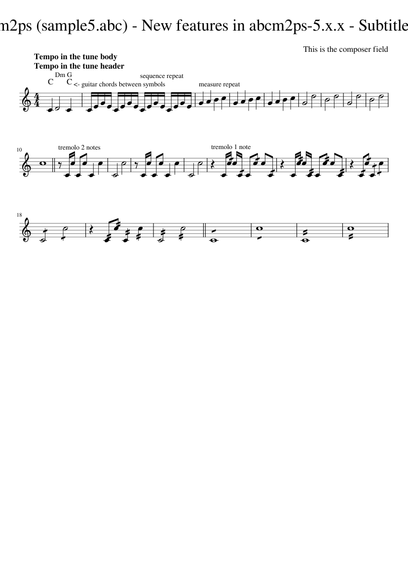 Sample tune - abcm2ps (sample5.abc) - New features in abcm2ps-5.x.x - Subtitle one - Subtitle two