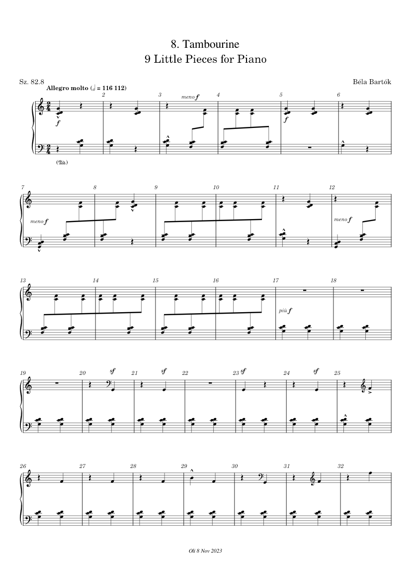 9 Little Pieces for Piano - 8.Tambourine - Béla Bartók Sheet music for ...