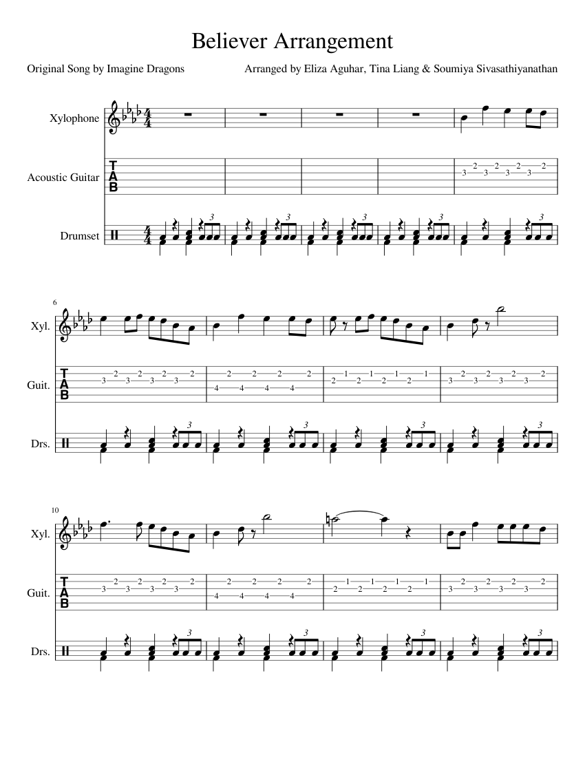 Believer by Imagine Dragons Arrangement Sheet music for Guitar, Drum group,  Xylophone (Mixed Trio) | Musescore.com