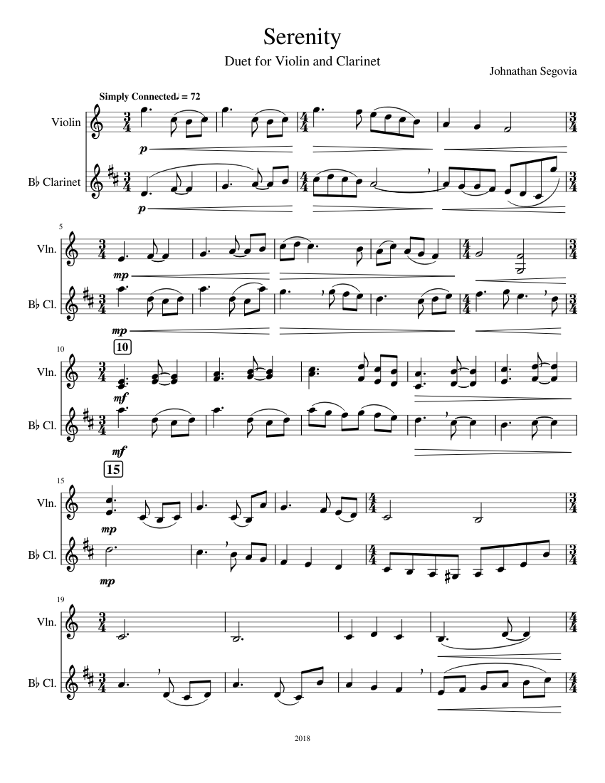 Serenity Sheet music for in bflat, Violin (Mixed Duet)