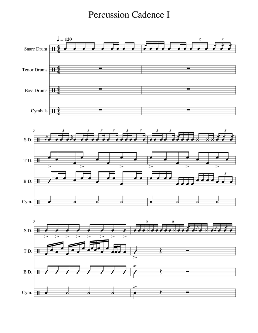 Percussion Cadence I Sheet music for Snare drum, Crash, Tenor drum