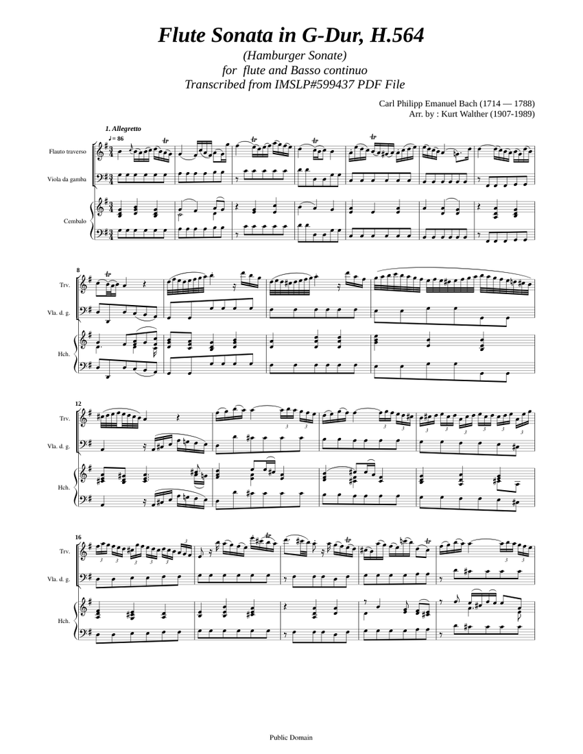 Bach, C.P. E. _ Flute Sonata in G-Dur, H.564 (Hamburger Sonate) Sheet music  for Flute, Cello, Harpsichord (Mixed Trio) | Musescore.com