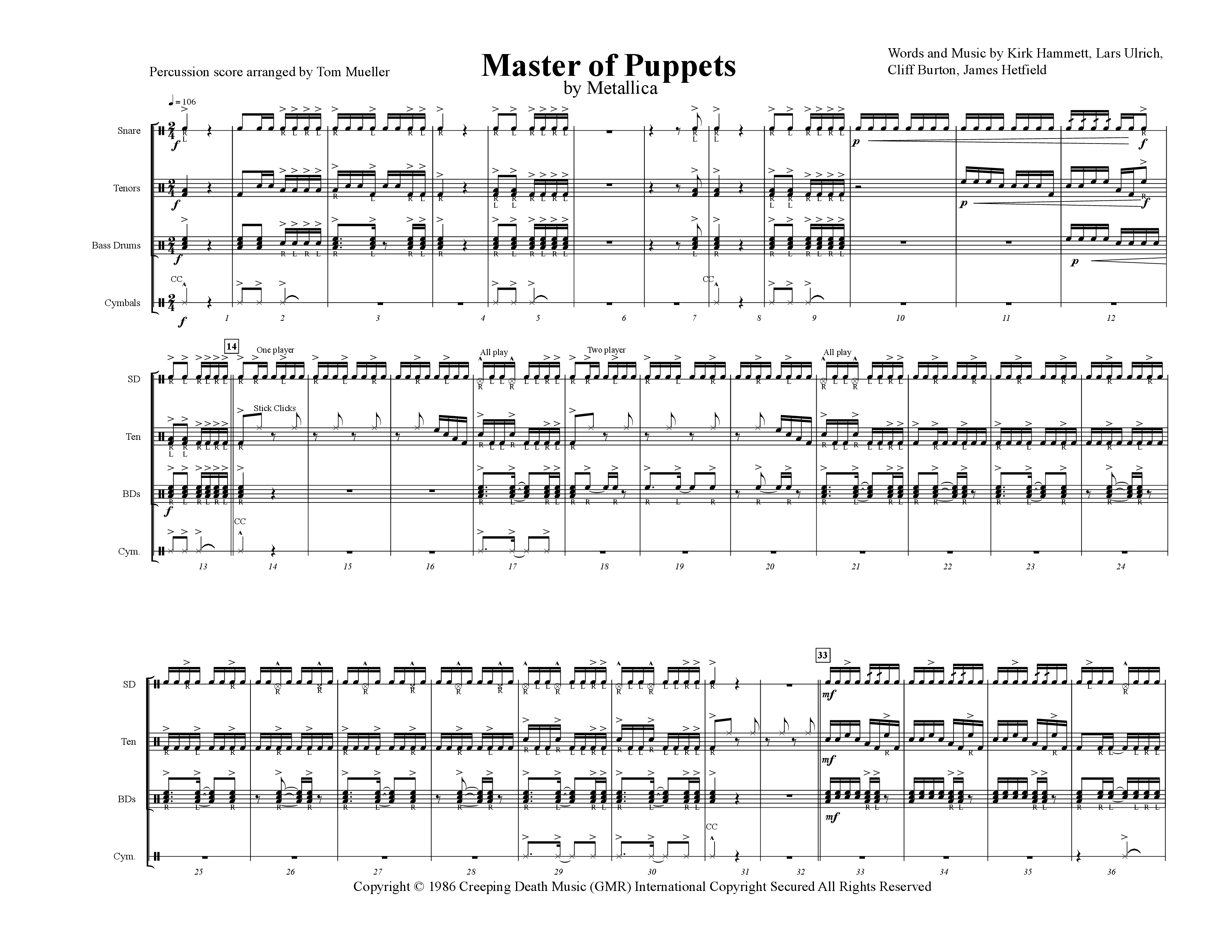 Play Official version of Master of puppets Sheet Music by