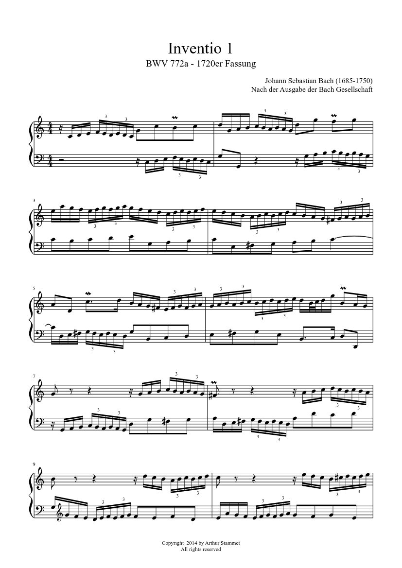 バッハ - インベンション 第1番 - BWV 772a 楽譜 ハープシコード (ソロ