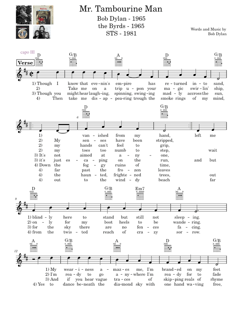Mr. Tambourine Man Bob Dylan Sheet music for Vocals (Solo