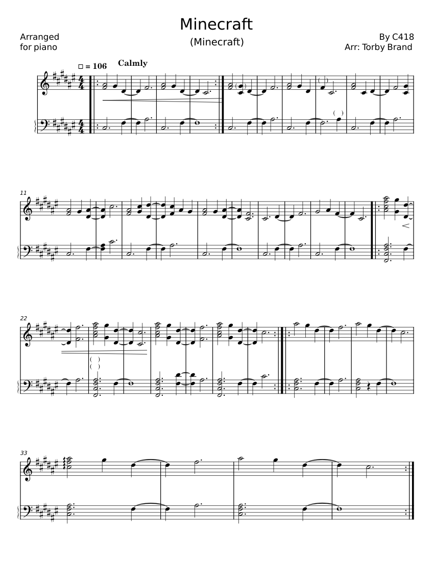 Minecraft Music Notes Letters Minecraft (from Minecraft) - C418 Sheet music for Piano (Piano Duo ...