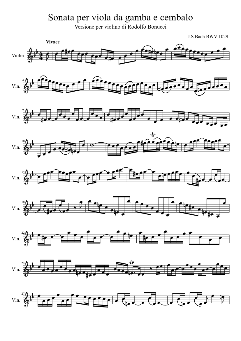 Bach-Sonata BWV1029 for viola da gamba and cembalo (I) Sheet music for  Violin (Solo) | Musescore.com