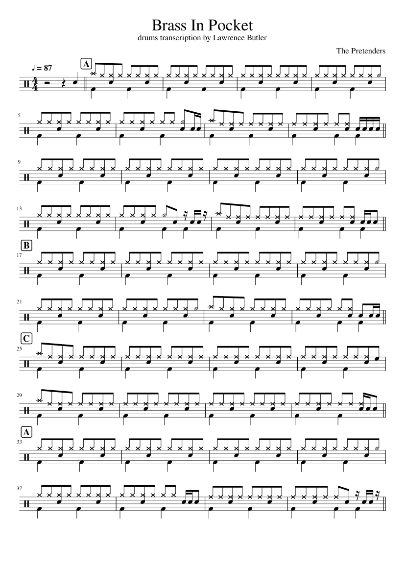 Brass In Pocket drums transcription Sheet music for Drum group (Solo ...