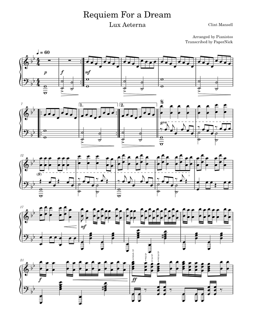 Clint Mansell - Requiem For a Dream (Pianistos) Sheet music for Piano  (Solo) | Musescore.com