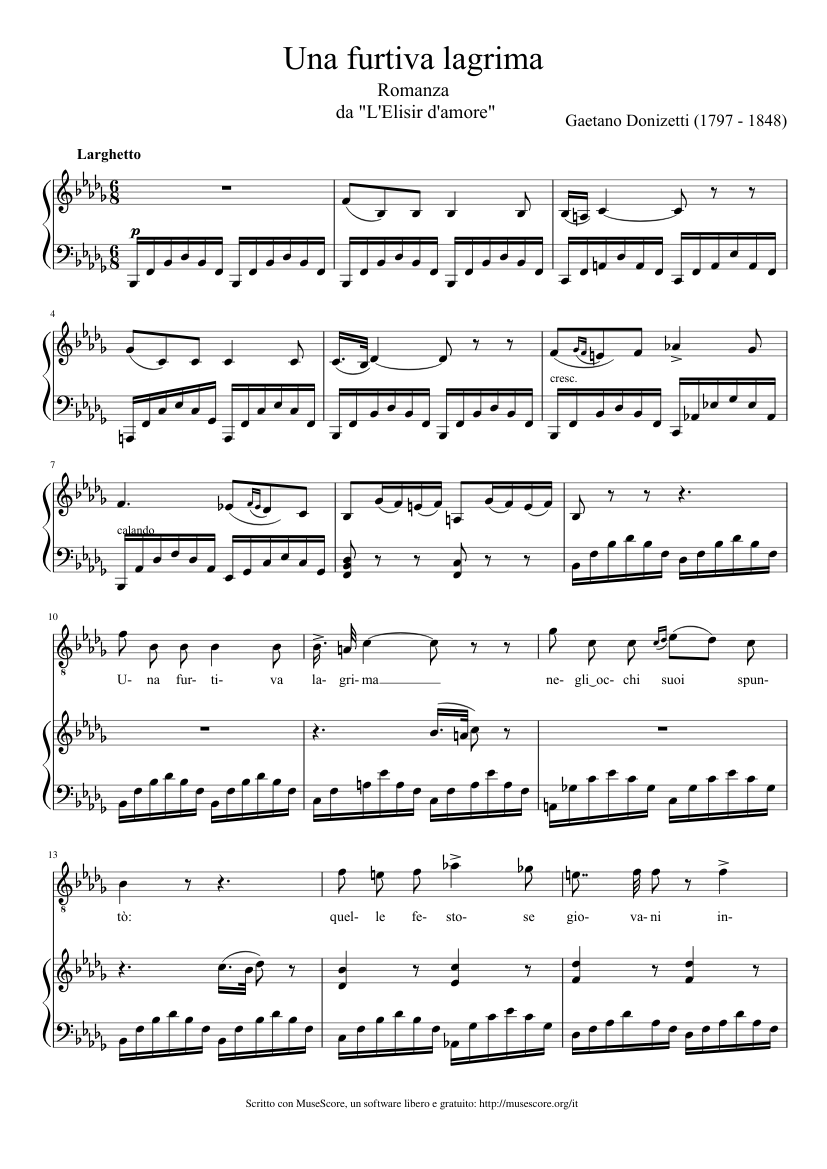 L'Elisir d'amore, Una furtiva lagrima Sheet Music for Piano, Tenor