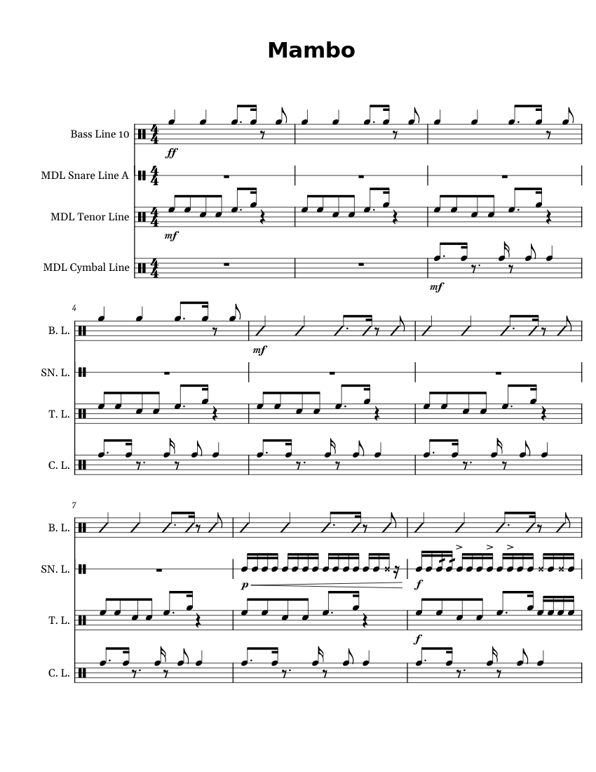 Template Cd R Es Mambo Mambo Cadence Sheet music for Snare drum, Crash, Tenor drum, Bass drum ...