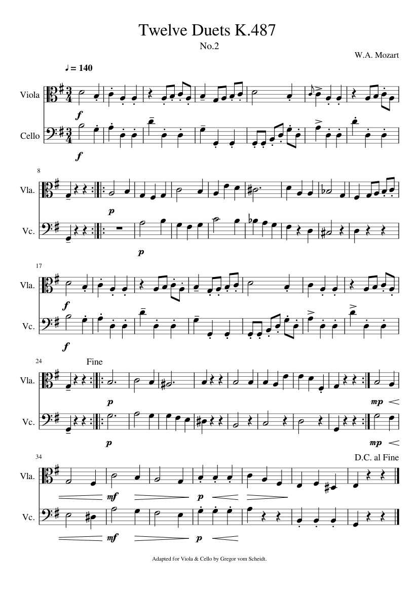 モーツァルト 十二の二重奏曲 K487 2 楽譜 ビオラ, チェロ (弦楽二重奏
