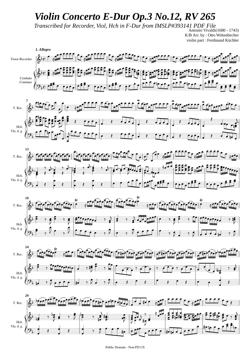 Vivaldi, A. Violin Concerto Op.3 No.12 E-Dur, RV [Trv, Viol, Hch] Sheet music for Harpsichord, Recorder (Mixed | Musescore.com