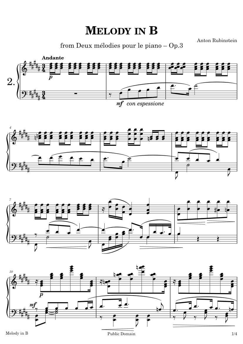 Melody in B, Op. 3, No. 2 – Anton Rubinstein Sheet music for Piano (Solo)