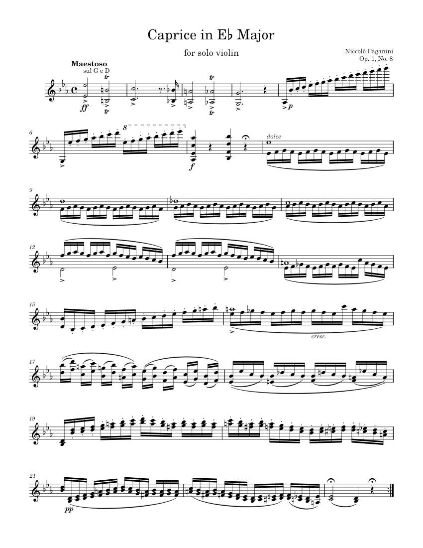 Solo Violin Caprice No. 8 in E-Flat Major - N. Paganini, Op. 1, No. 8 Sheet  music for Violin (Solo) | Download and print in PDF or MIDI free sheet music  for