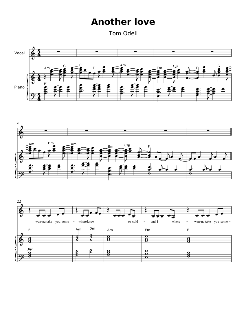 Another Love Tom Odell Sheet music for Piano, Vocals (Solo) | Musescore.com