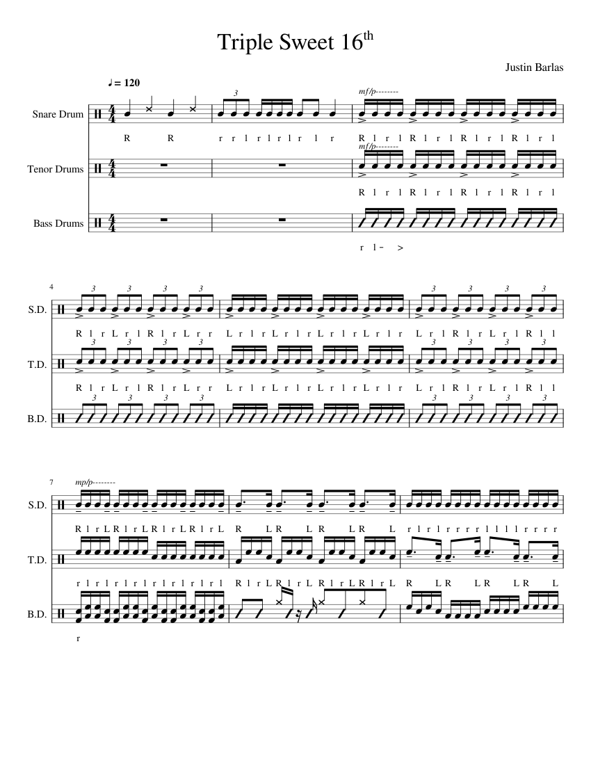 Triple Sweet 16th Sheet Music For Snare Drum Tenor Drum Bass Drum Percussion Trio 