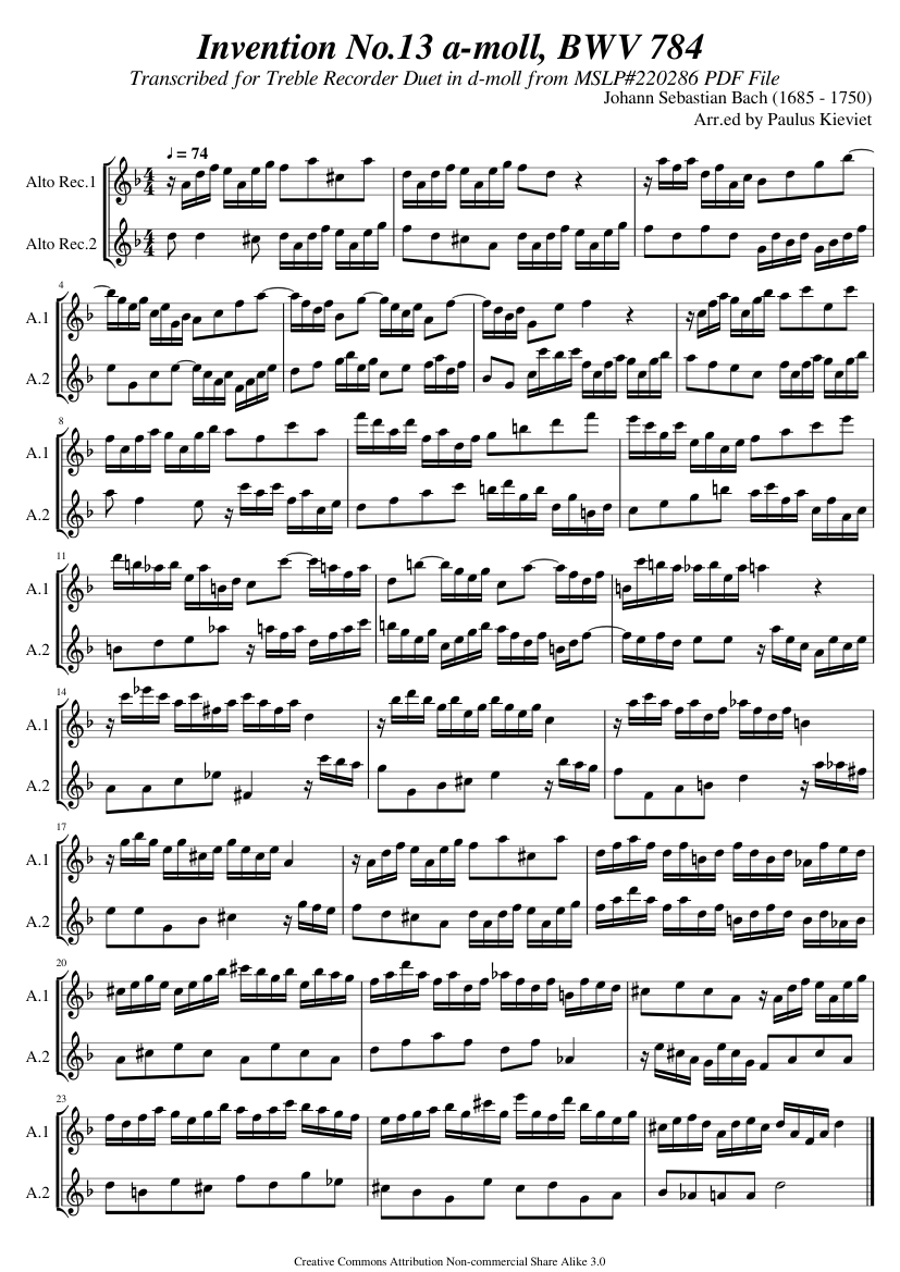 Bach Invention 13.pdf Bach, J.S._Invention No.13 a-moll, BWV 784 Sheet Music for Recorder ...