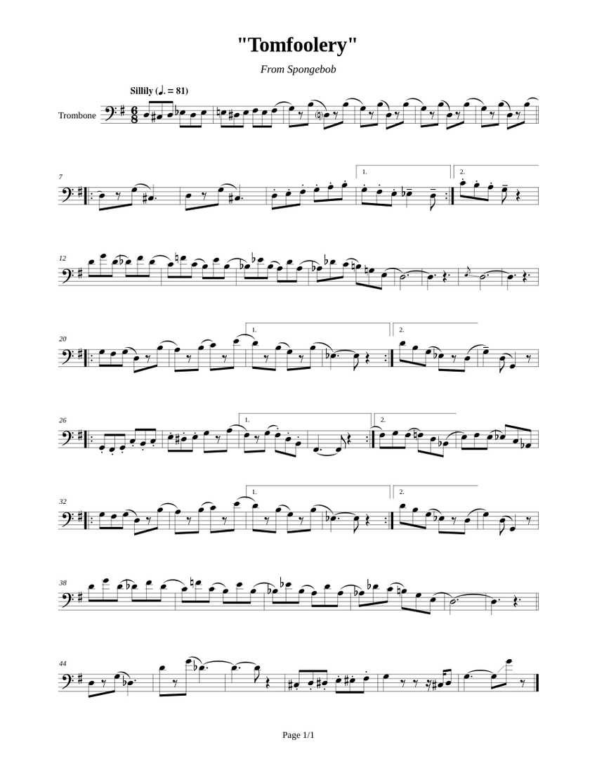 Tomfoolery - Spongebob Sheet music for Trombone (Solo) | Musescore.com