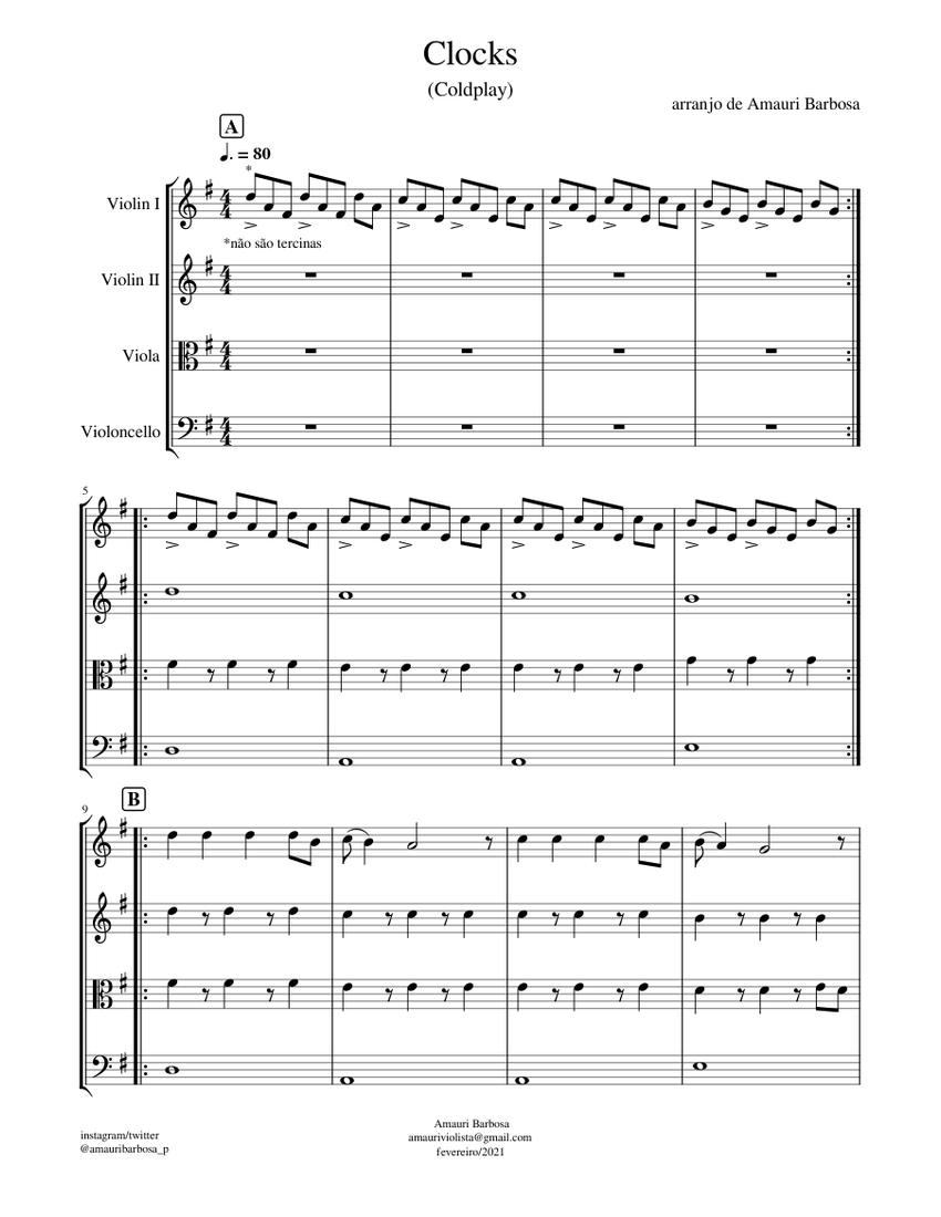 Clocks Coldplay Sheet music for Violin, Viola, Cello (String Quartet