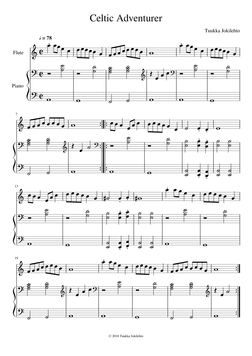 雅楽　譜面 Celtic Adventurer (flute and piano) Sheet Music for Piano, Flute