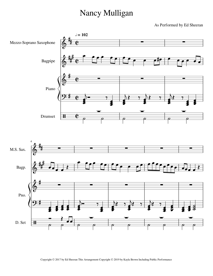 Nancy Mulligan Sheet music for Piano, Drum group, Saxophone other, Pipes  (Mixed Quartet) | Musescore.com