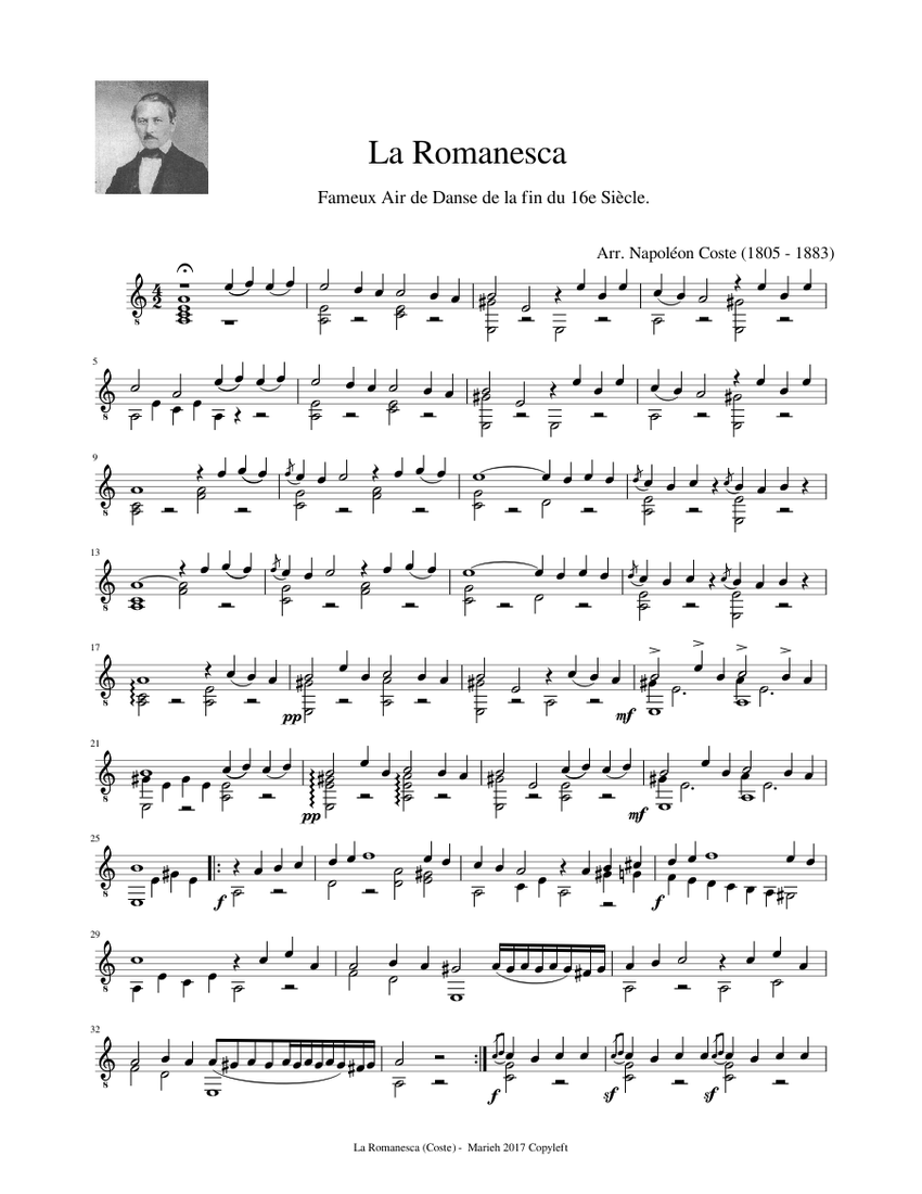 La Romanesca - Napoléon Coste (1805 - 1883) Sheet music for Guitar (Solo) |  Musescore.com