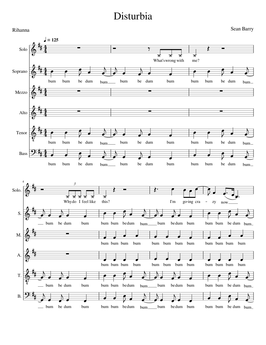 Disturbia (Acapella) Sheet Music for Soprano, Alto, Tenor, Bass voice ...