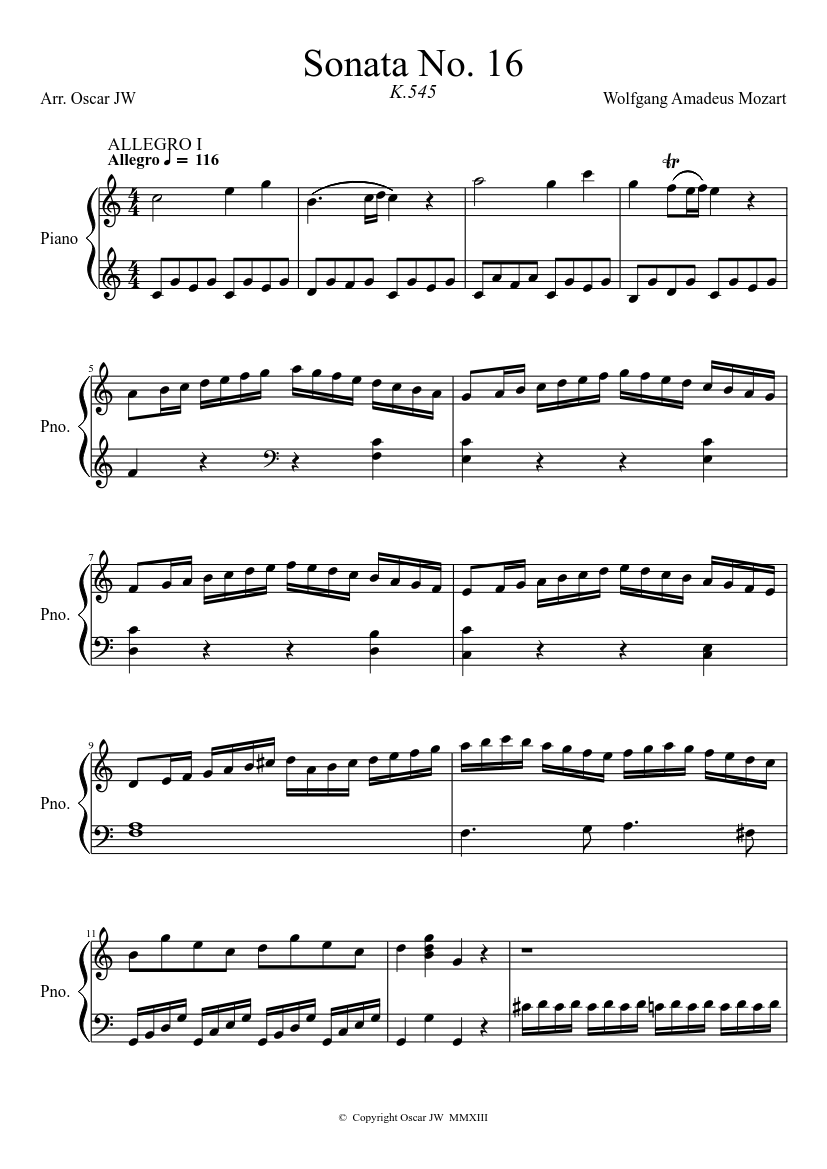 Sonata in C No.16, K.545 music for Piano (Solo) | Musescore.com