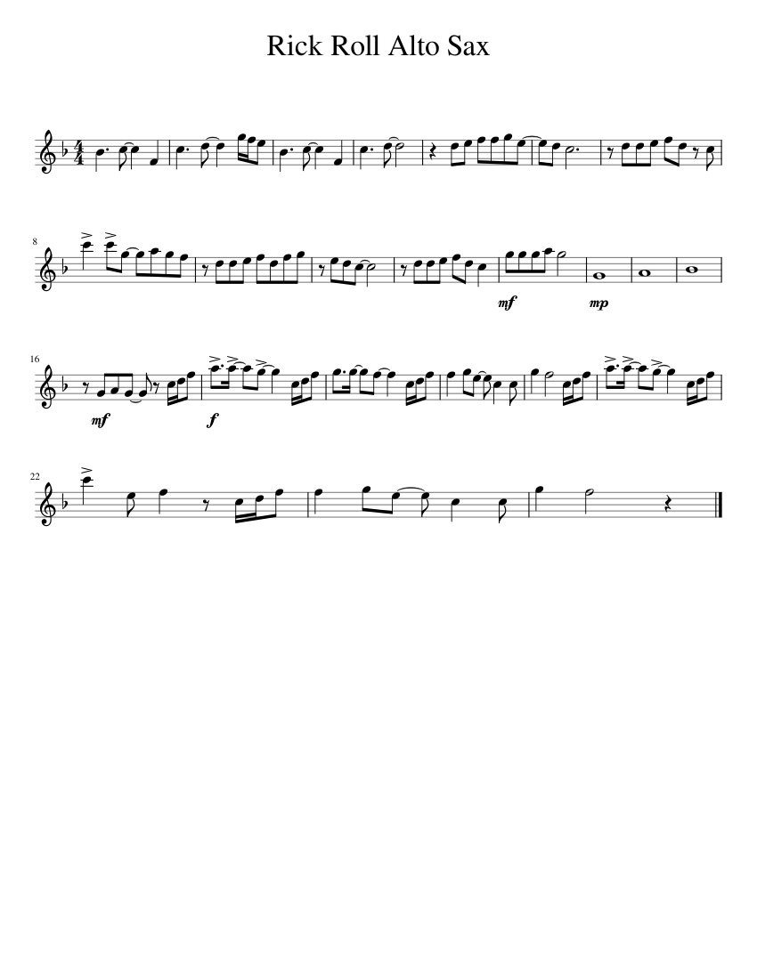 Rick Roll Alto Sax Sheet Music For Saxophone Alto Solo