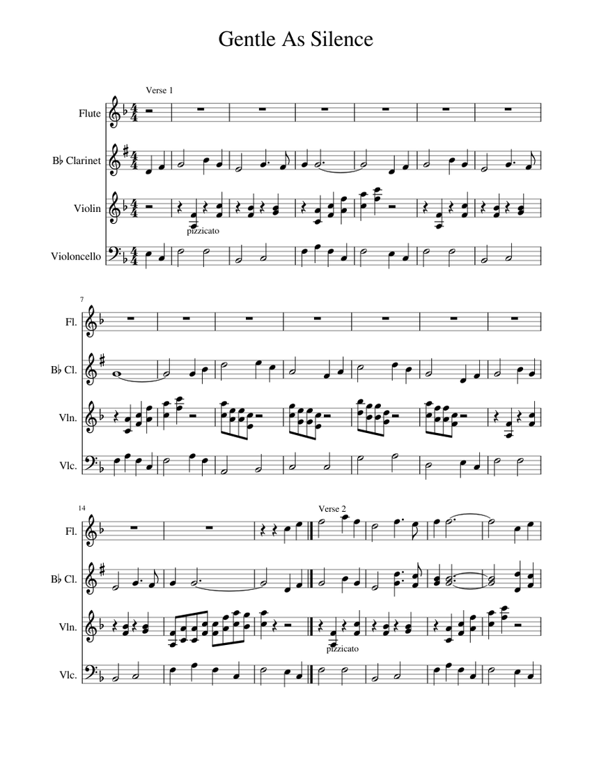 Gentle As Silence Sheet Music For Violin Flute Clarinet In B Flat Cello Mixed Quartet Musescore Com