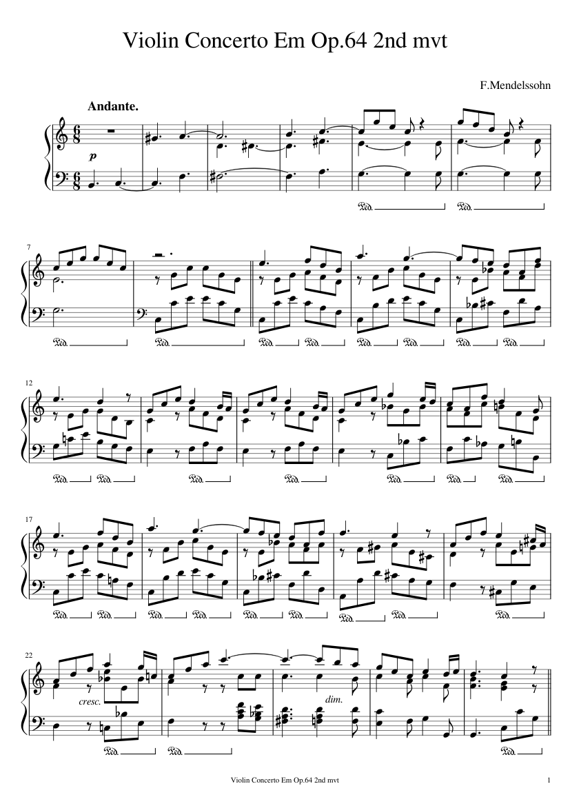 Mendelssohn - Violin Concerto Em Op.64 2nd mvt Sheet music for Piano (Solo)  | Musescore.com