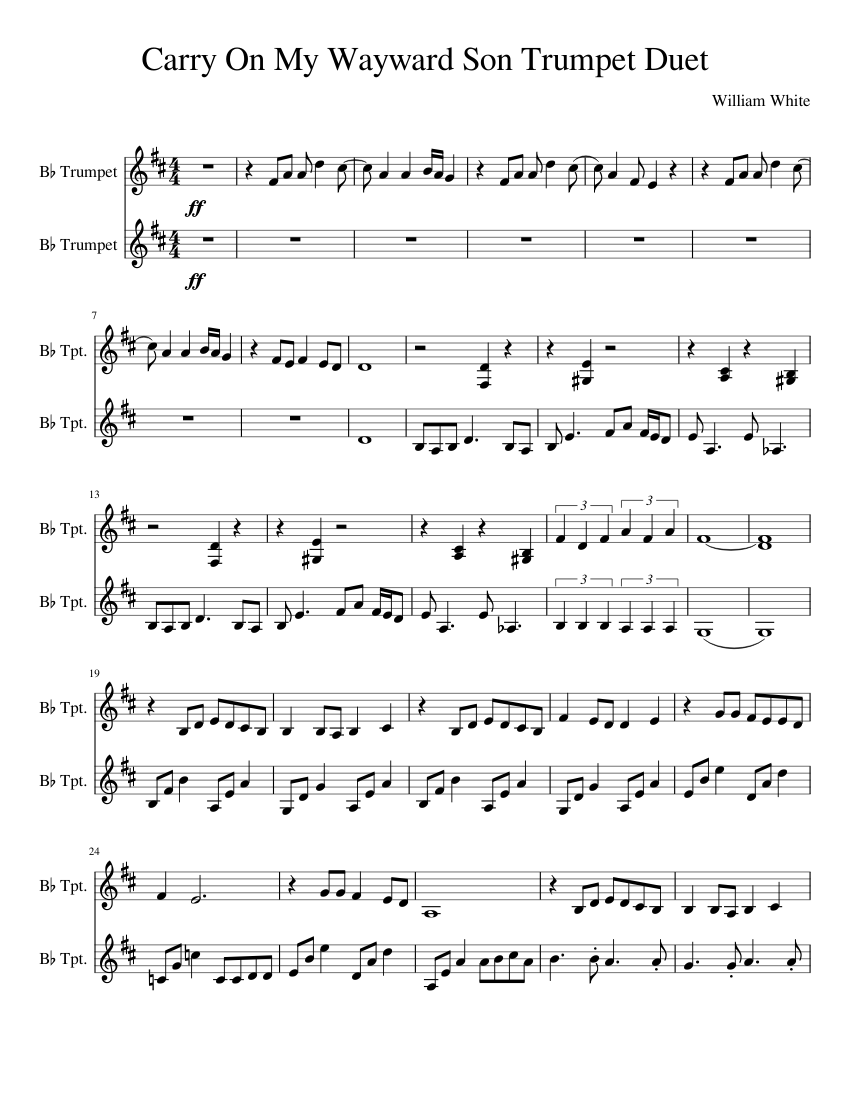 Carry On My Wayward Son Trumpet Duet Sheet music for Trumpet in b-flat  (Brass Duet) | Musescore.com