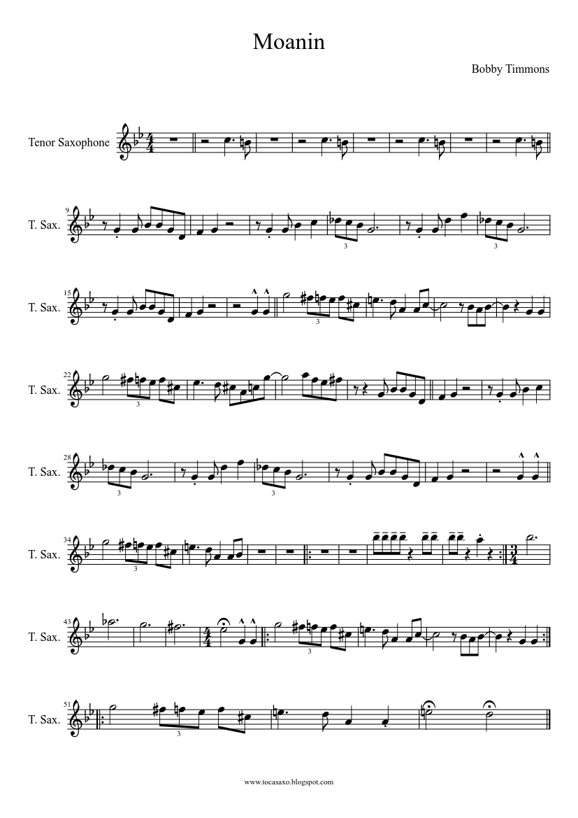 Moanin Bobby Timmons Sheet music for Saxophone tenor (Solo