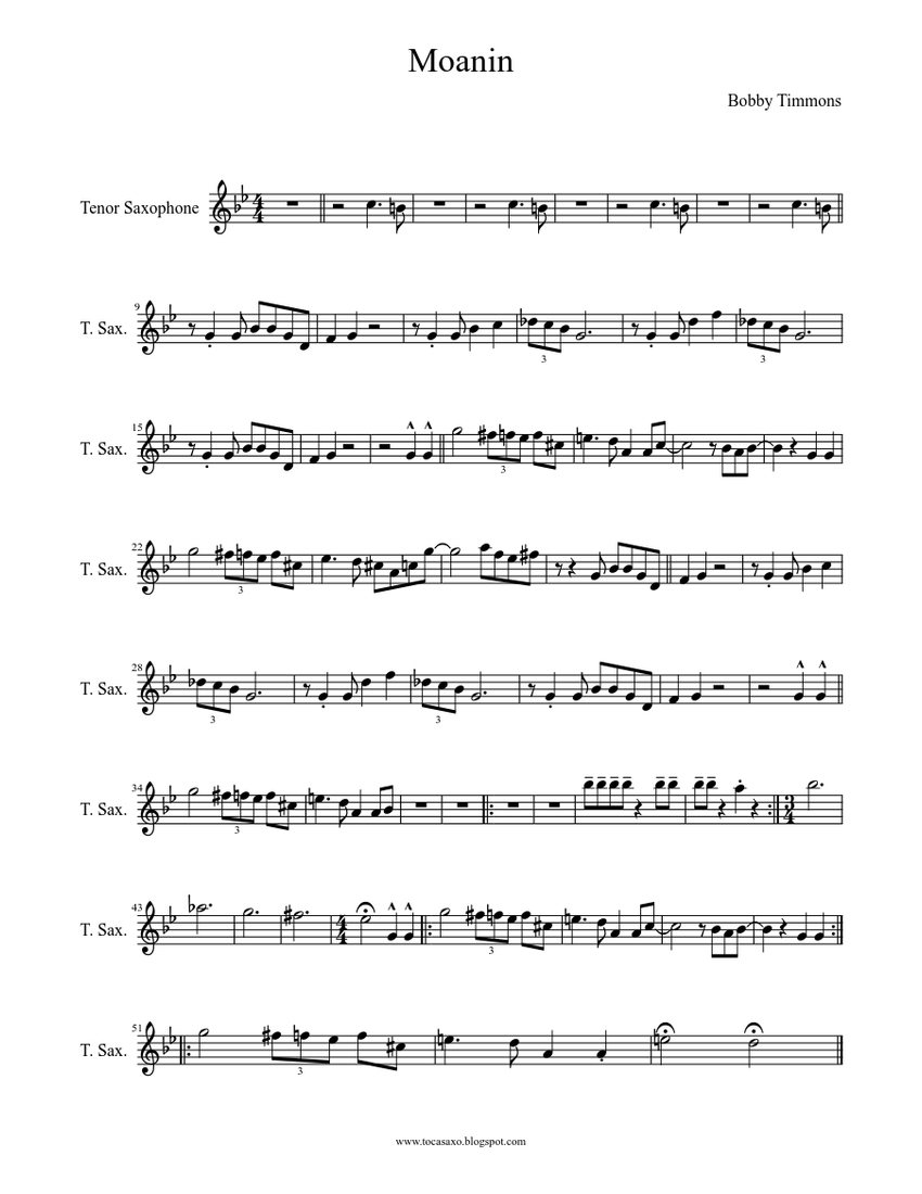 Download and print in PDF or MIDI free sheet music for Moanin' by Bobb...