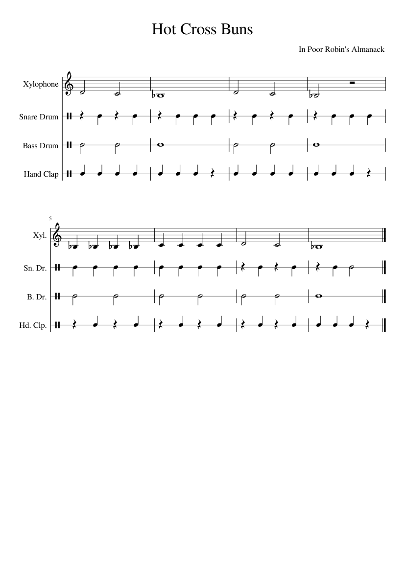 Hot Cross Buns Sheet music for Snare drum, Bass drum, Xylophone, Hand