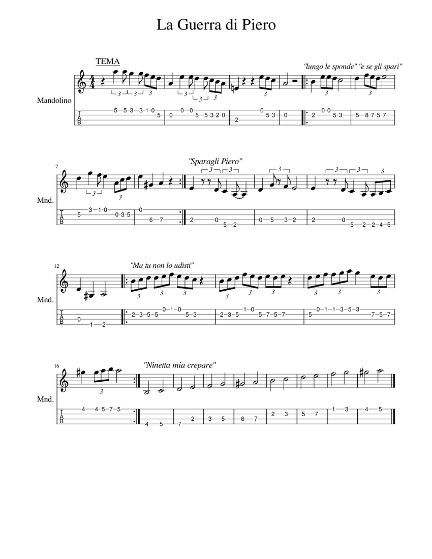 La Guerra di Piero Sheet music for Mandolin (Solo) | Musescore.com