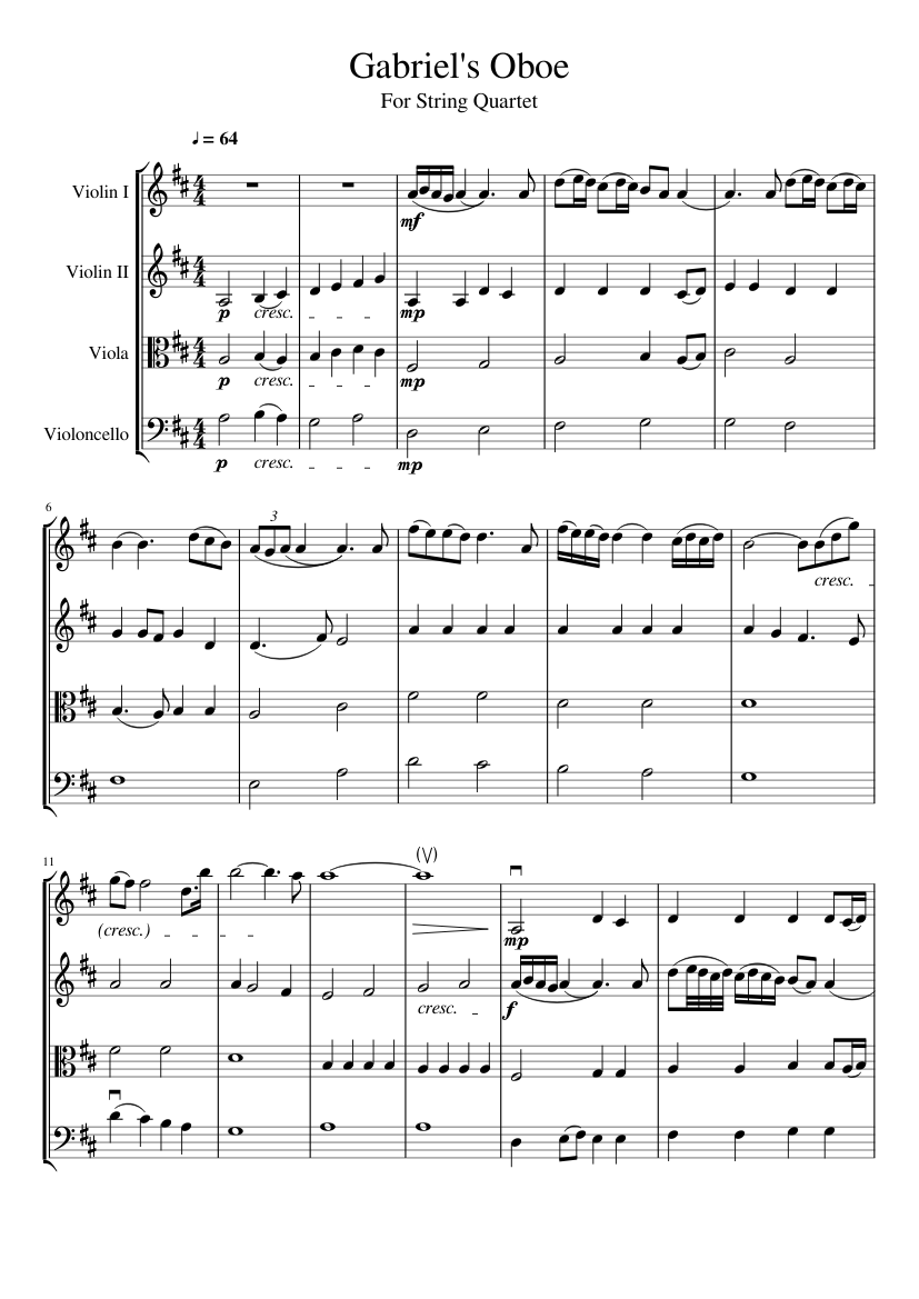 Gabriel S Oboe For String Quartet Sheet Music For Violin Cello Viola String Quartet Musescore Com
