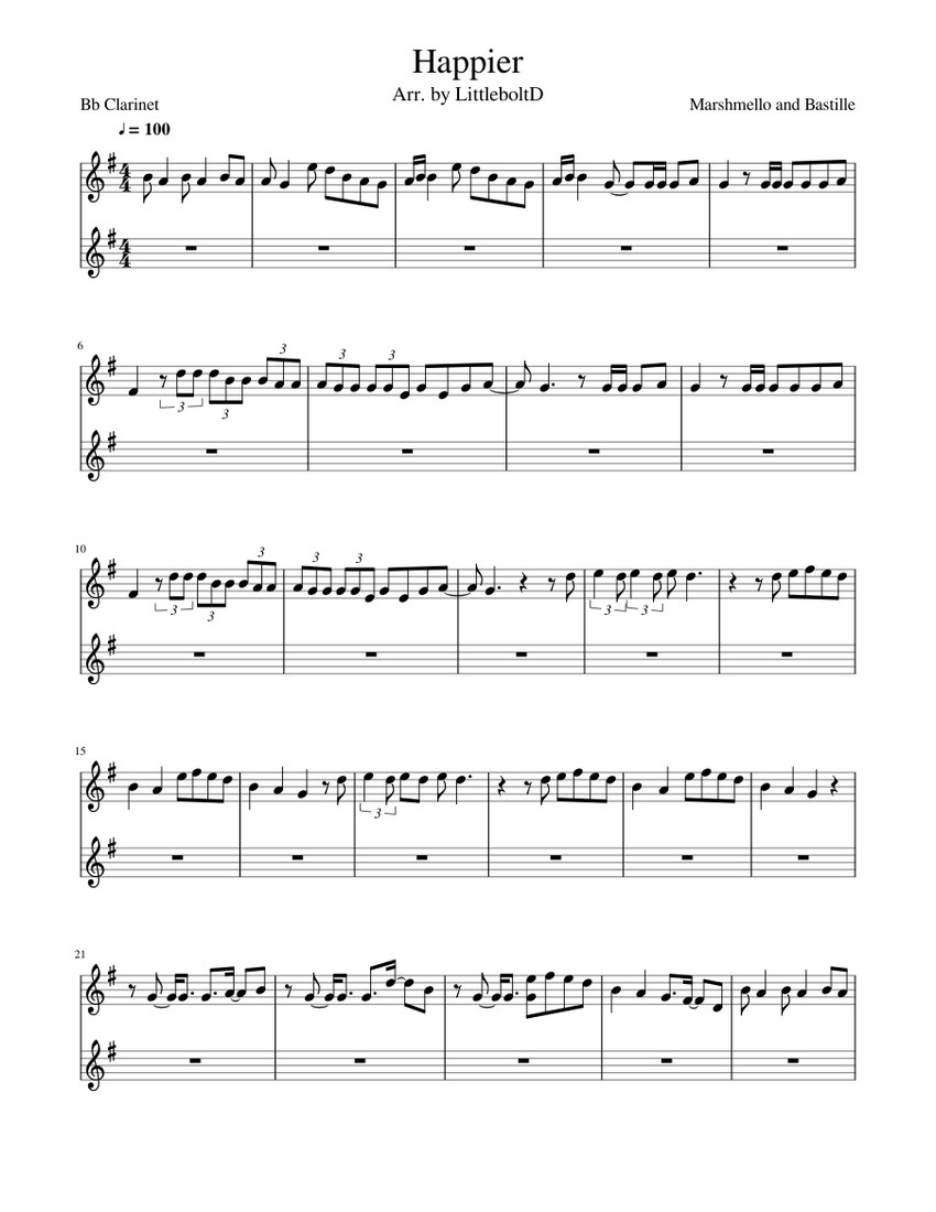 Happier- Marshmallow ft. Bastille - Clarinet Sheet music for Clarinet ...