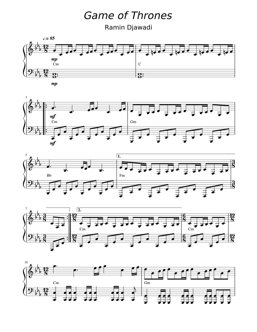 Game Of Thrones Sheet Music For Piano Solo Download And Print In