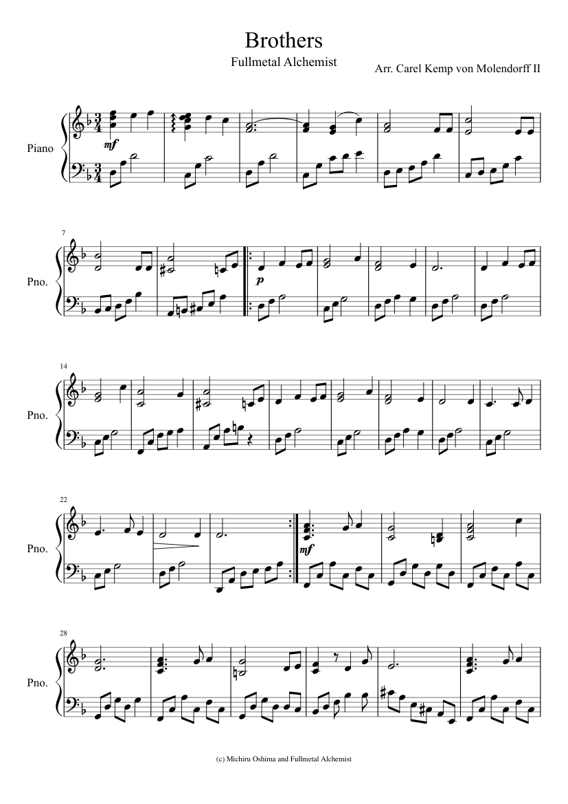 Brothers (Fullmetal Alchemist) Sheet Music for Piano (Solo) easy
