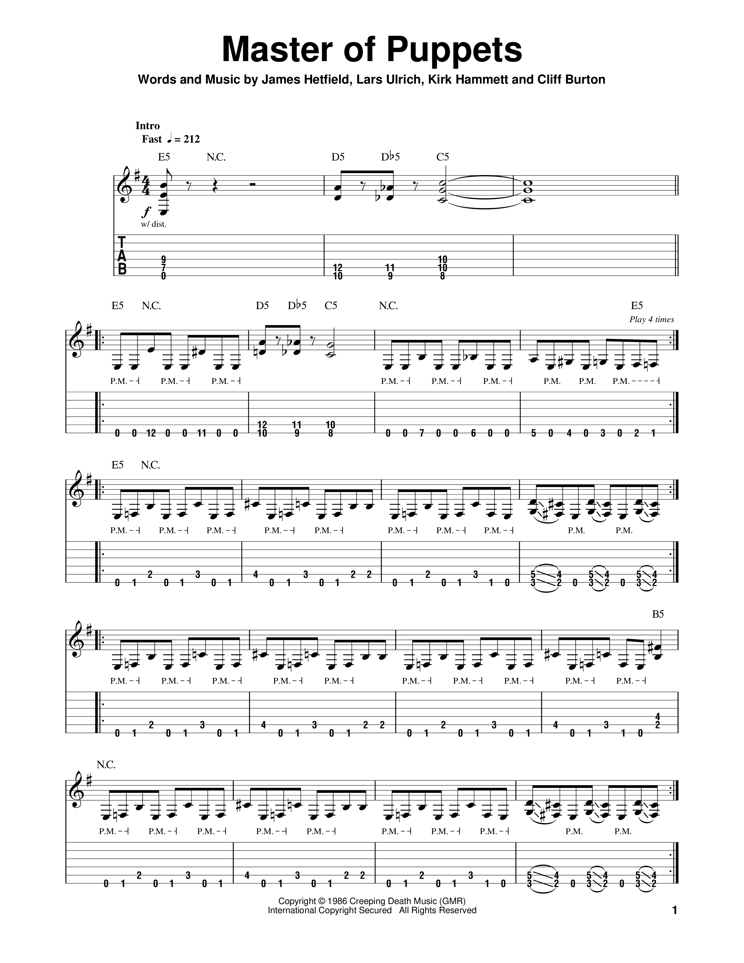 Puppet Note Music Play Official version of Master of puppets Sheet Music by Metallica for ...