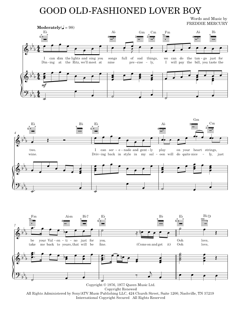 Play Official Version Of Good Old Fashioned Lover Boy Sheet Music By Queen For Piano Vocals 2439