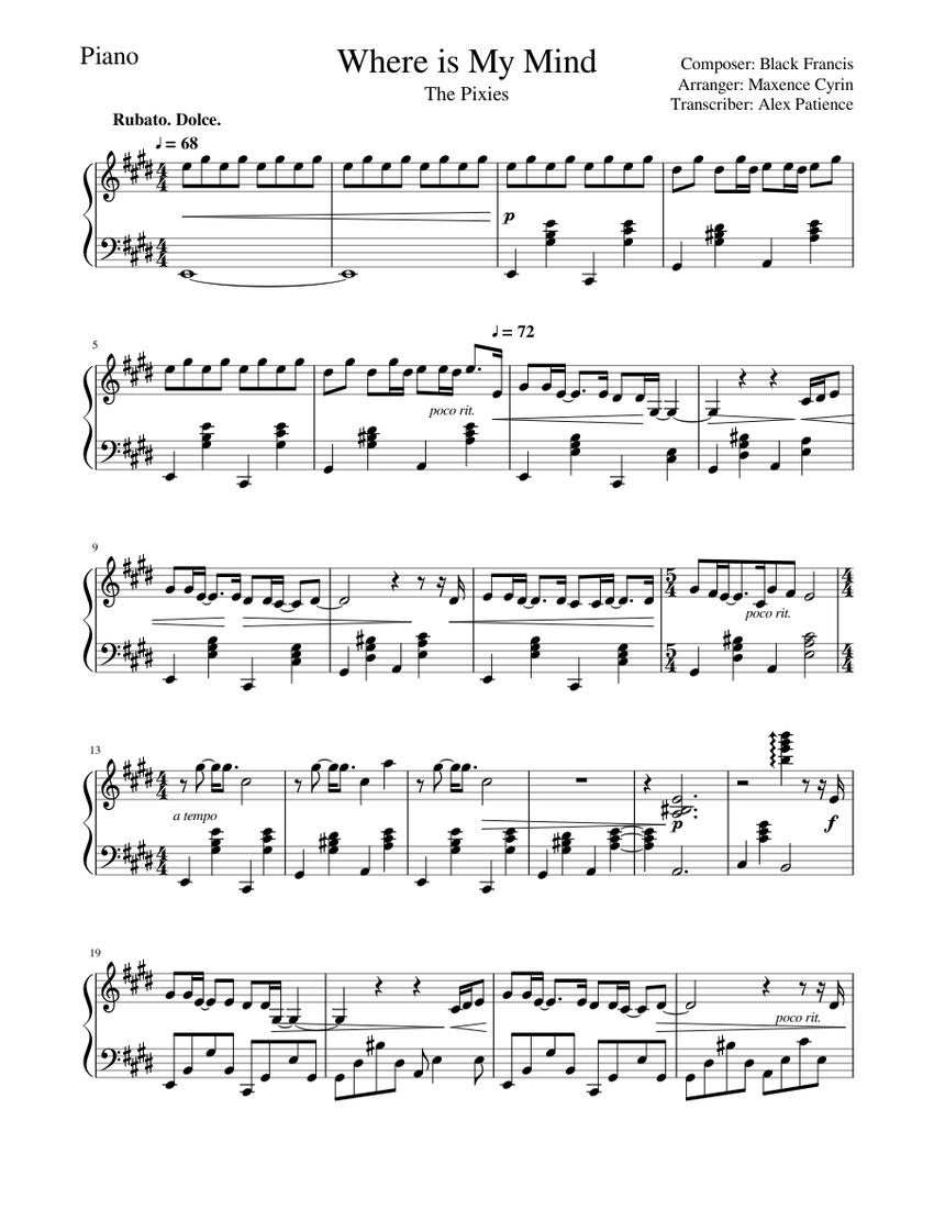 Pixies Where Is My Mind Piano Tutorial Sheet music for Piano (Solo) |  Musescore.com