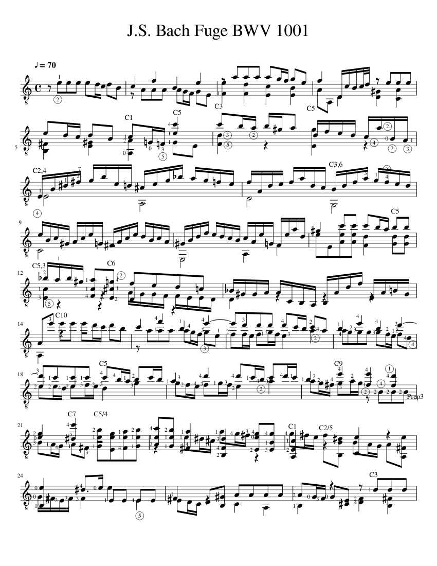 J S Bach Fuge BWV 1001 (w fingering) Sheet music for Guitar (Solo) |  Musescore.com